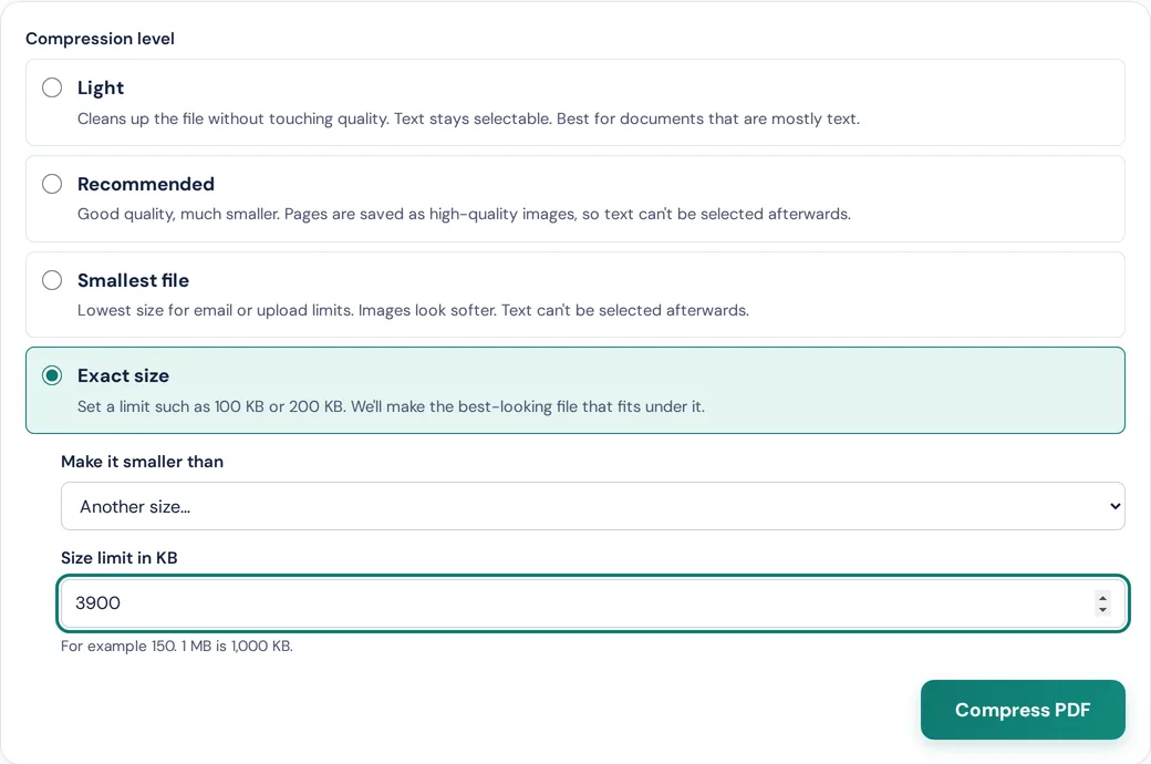Compress PDF with Exact size selected and a size limit of 3900 KB typed in