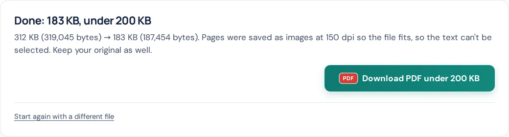 Result message: Done, 183 KB, under 200 KB, with the size before and after in bytes