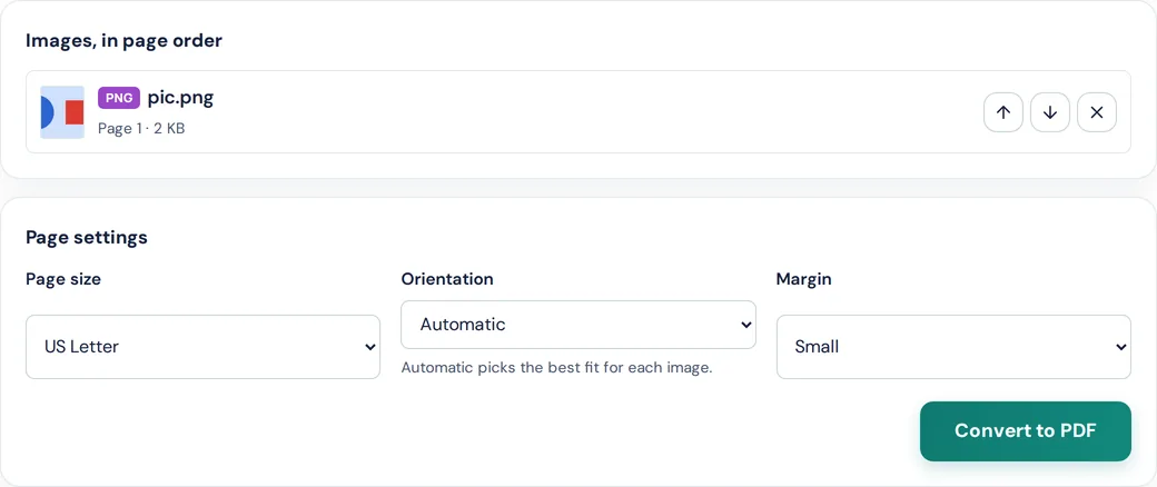 JPG to PDF page settings with US Letter selected as the page size